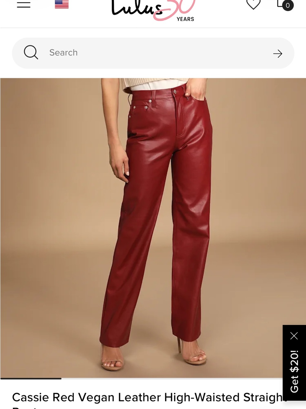 pistola Red Vegan Leather Straight-Leg Pants 29